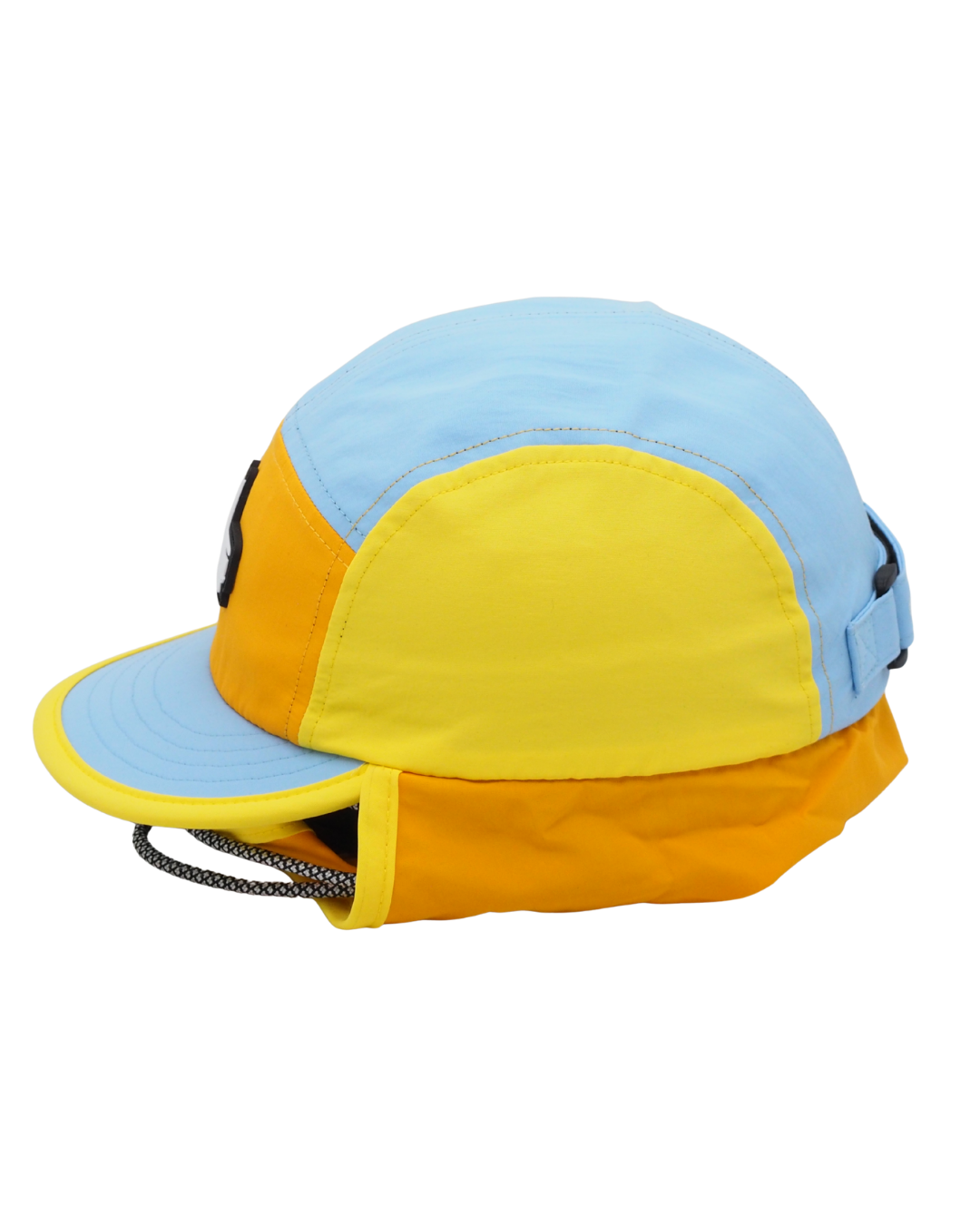 Yellow and light blue baby surf cap with a small logo on a white background