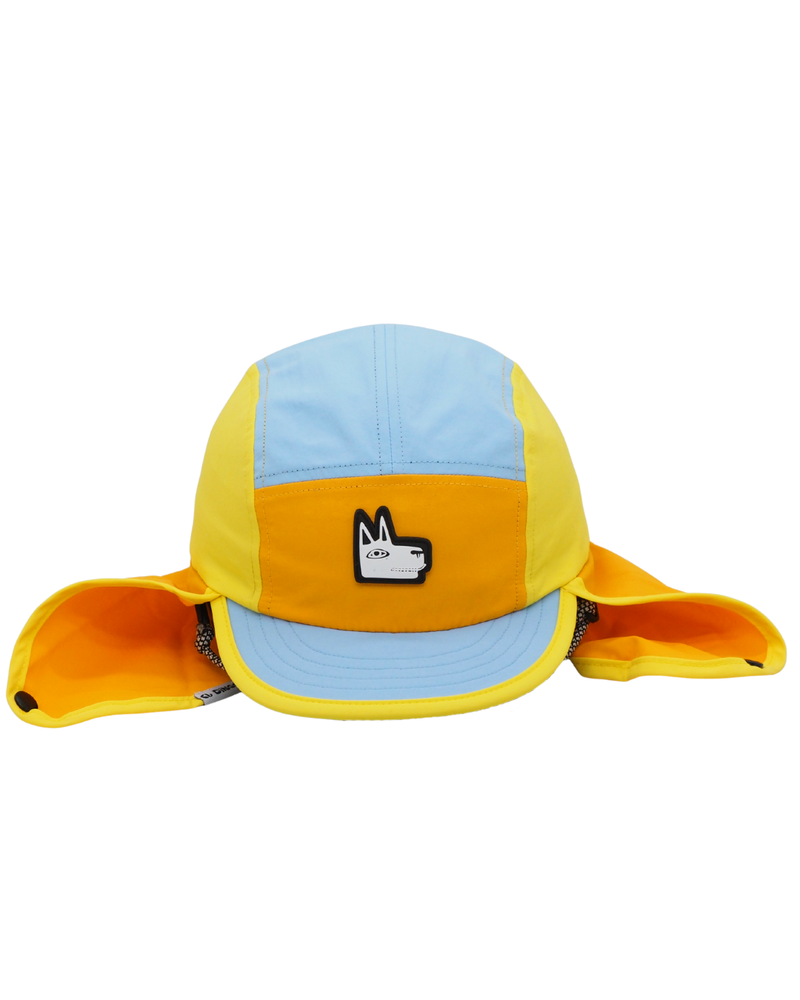 Yellow and light blue baby surf cap with a small logo on a white background