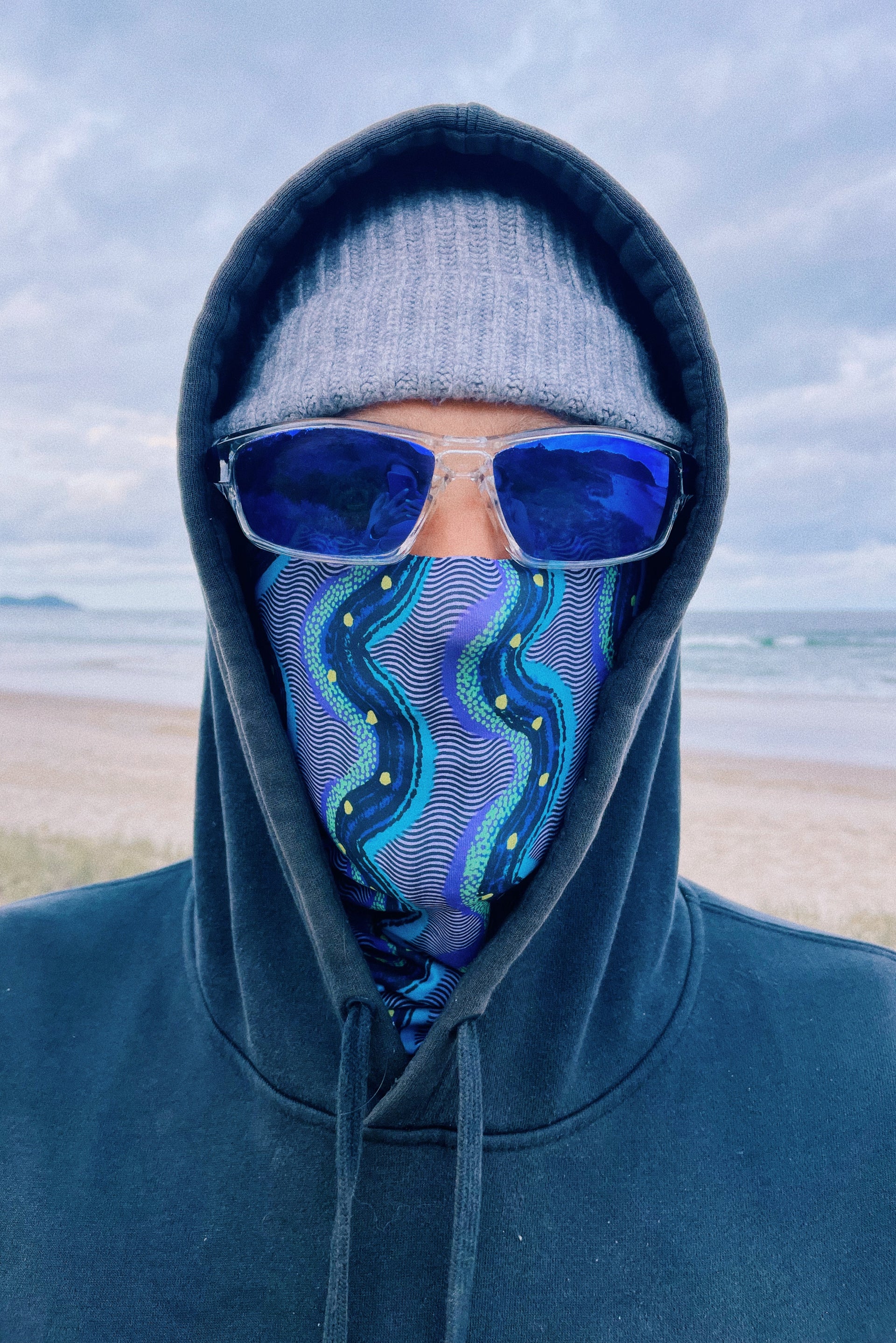 blue printed neck gaiter balaclava face cover for motorbike